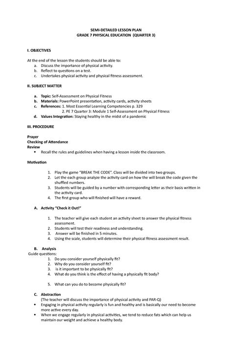 semi detailed lesson plan in physical education grade 7|Lesson Plan grade 7 .